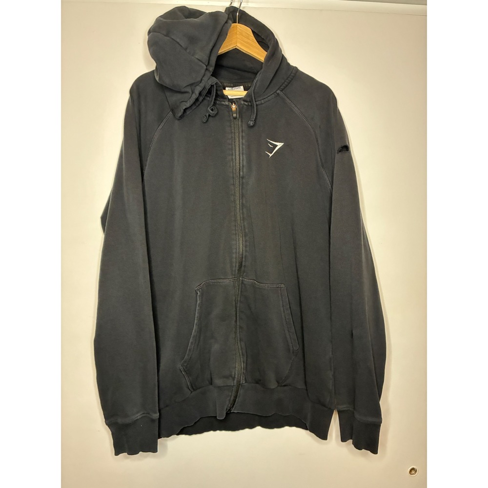 Gymshark Hoodie Mens XXL Black Crest Zip Up Sweatshirt GMHD4359-BK Fleece Raglan